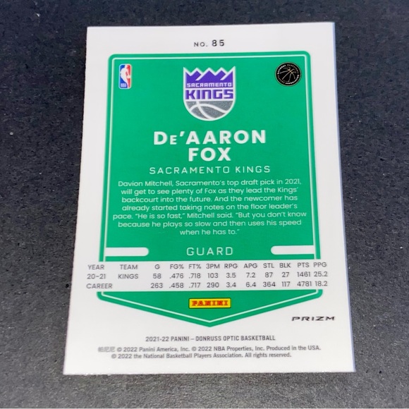 De’Aaron Fox Panini Blue Velocity Prizm Holo - 2022 Donruss Optic #85 - Picture 2 of 2